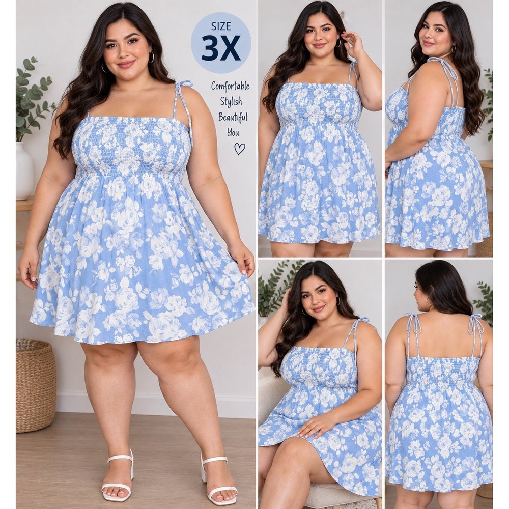 Forever 21 Plus 3X Blue White Floral Smocked Top Mini Cami Dress Cottagecore⁠